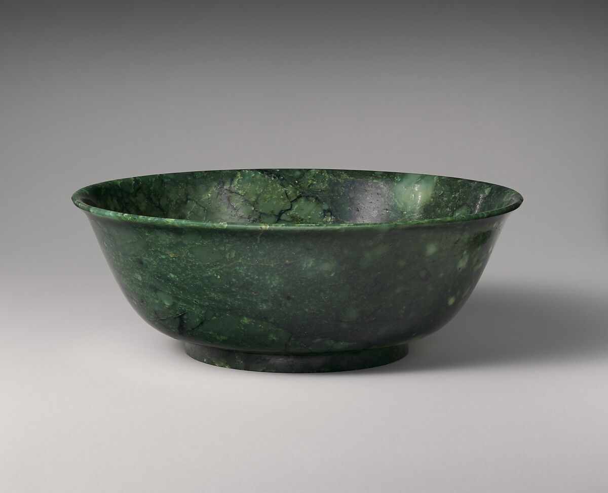 Bowl, Nephrite, dark seaweed green with mottlings of very light green, China