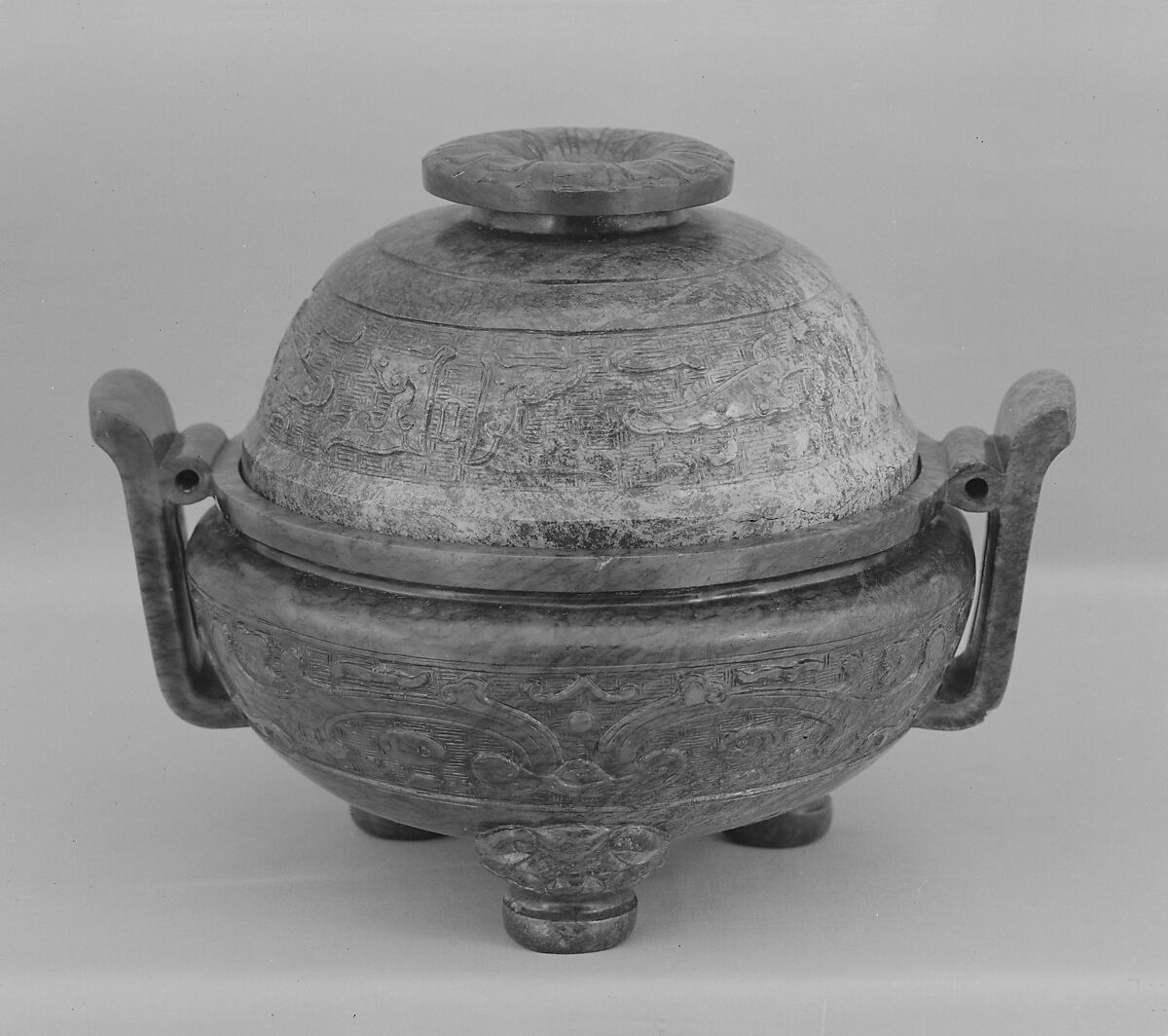 Incense burner with cover, Nephrite, spinach-green with network of black veins, mostly changed to grayish ash tints by calcination, China