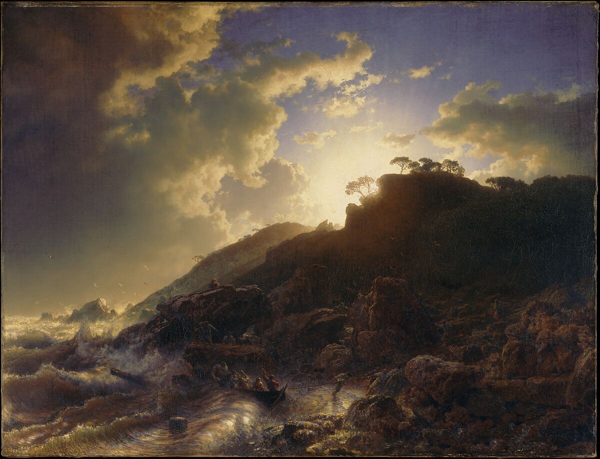 Sunset after a Storm on the Coast of Sicily, Andreas Achenbach (German, Kassel 1815–1910 Düsseldorf), Oil on canvas 