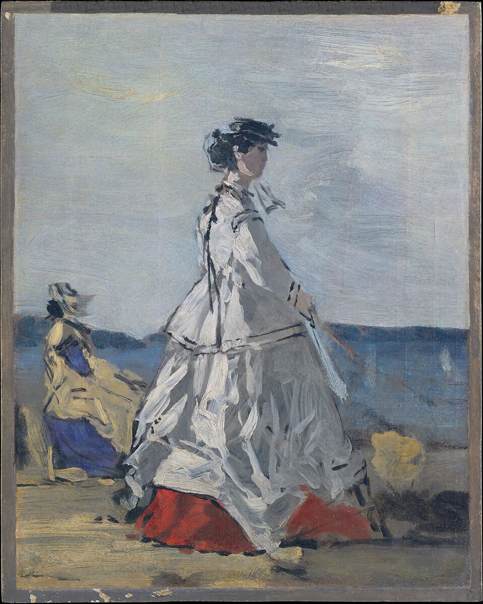 Princess Pauline Metternich (1836–1921) on the Beach, Eugène Boudin (French, Honfleur 1824–1898 Deauville), Oil on cardboard, laid down on wood 