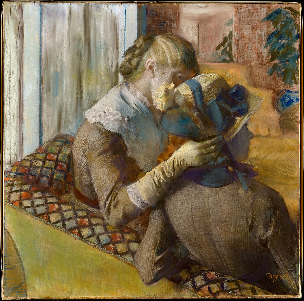 At the Milliner's, Edgar Degas (French, Paris 1834–1917 Paris), Pastel on five pieces of wove paper, backed with paper, and laid down on canvas 