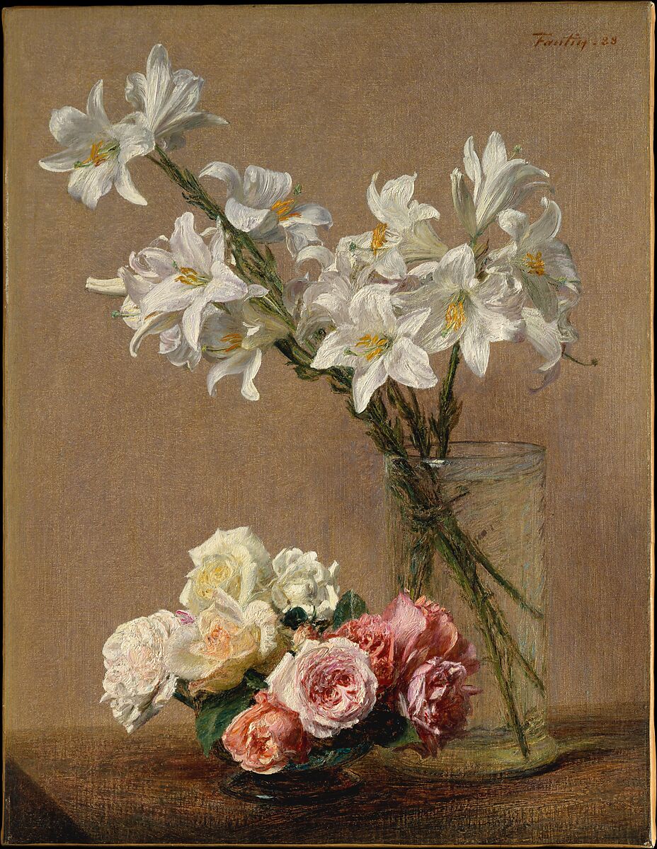 Roses and Lilies, Henri Fantin-Latour (French, Grenoble 1836–1904 Buré), Oil on canvas 