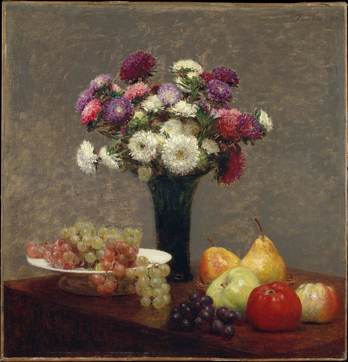 Asters and Fruit on a Table, Henri Fantin-Latour (French, Grenoble 1836–1904 Buré), Oil on canvas 
