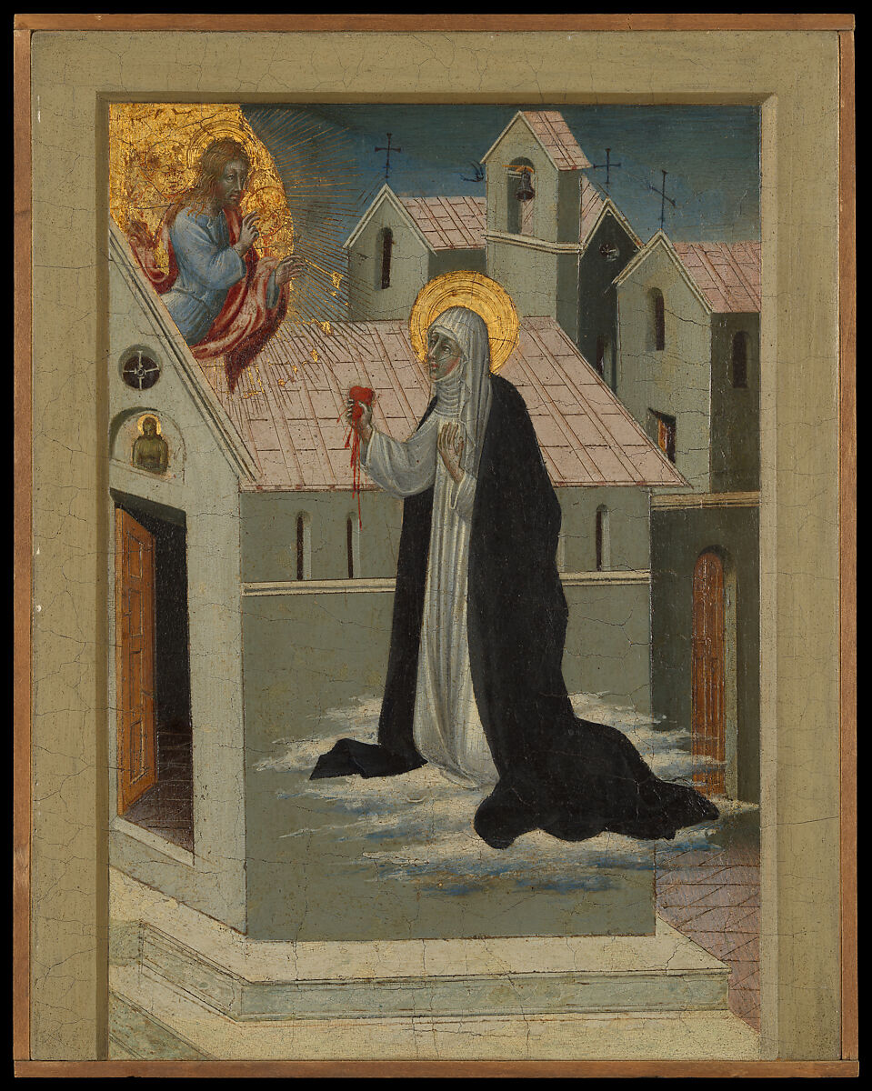 Saint Catherine of Siena Exchanging Her Heart with Christ, Giovanni di Paolo (Giovanni di Paolo di Grazia) (Italian, Siena 1398–1482 Siena), Tempera and gold on wood 