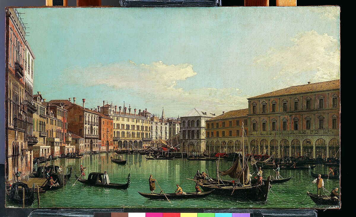 The Grand Canal, Venice, Looking South toward the Rialto Bridge, Canaletto (Giovanni Antonio Canal) (Italian, Venice 1697–1768 Venice), Oil on canvas 