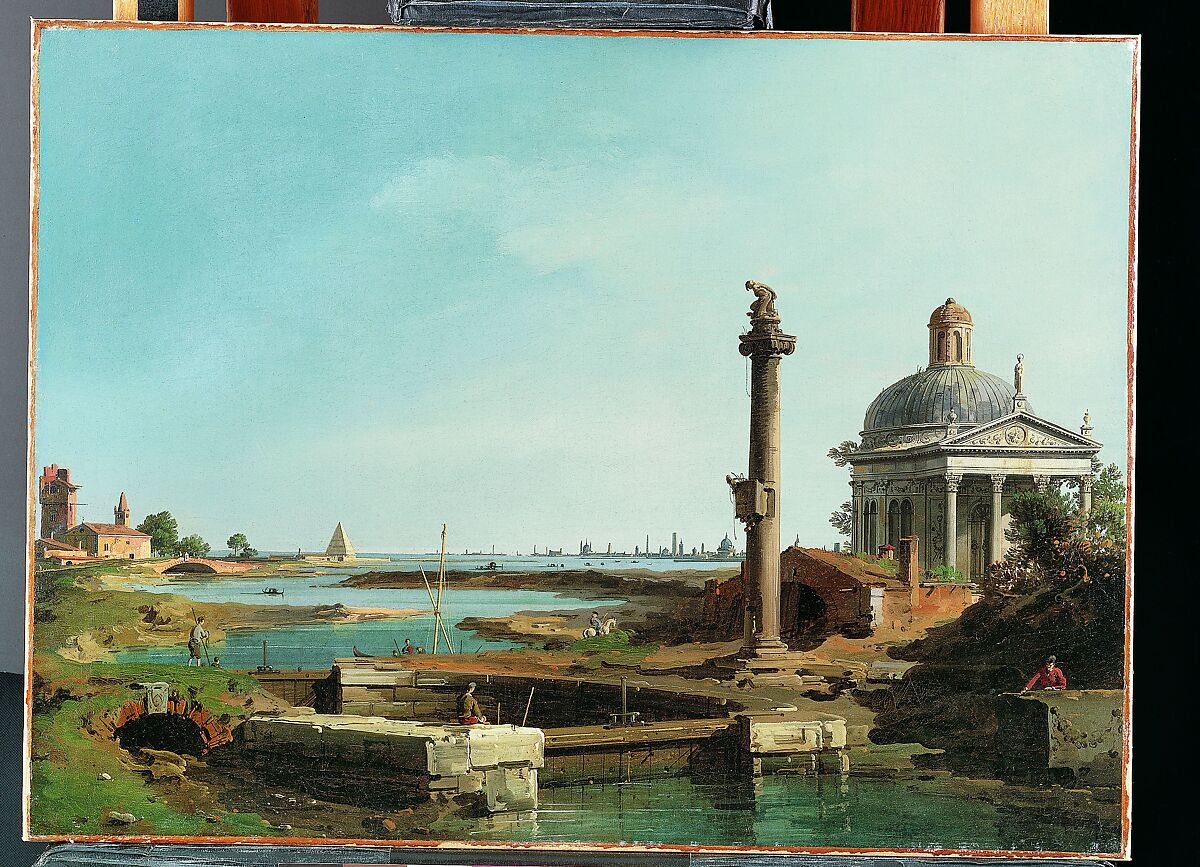 A Lock, a Column, and a Church beside a Lagoon, Canaletto (Giovanni Antonio Canal) (Italian, Venice 1697–1768 Venice), Oil on canvas 