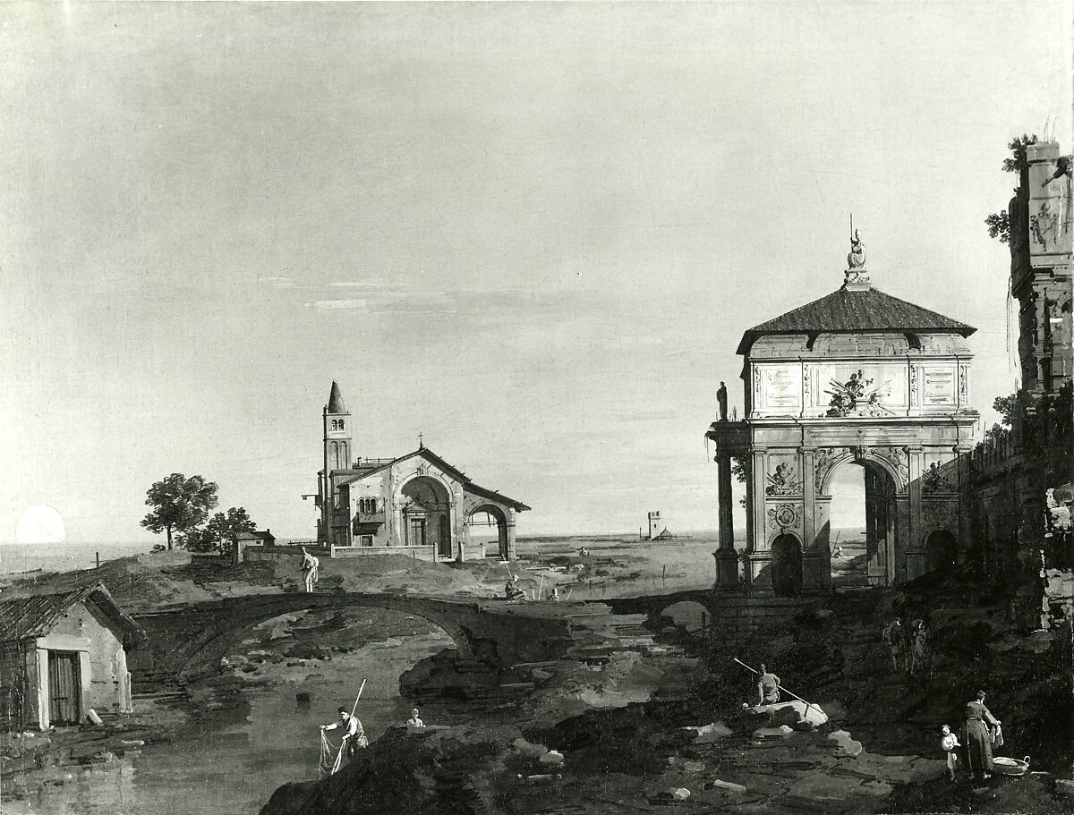 A Lock, a Column, and a Church beside a Lagoon, Canaletto (Giovanni Antonio Canal) (Italian, Venice 1697–1768 Venice), Oil on canvas