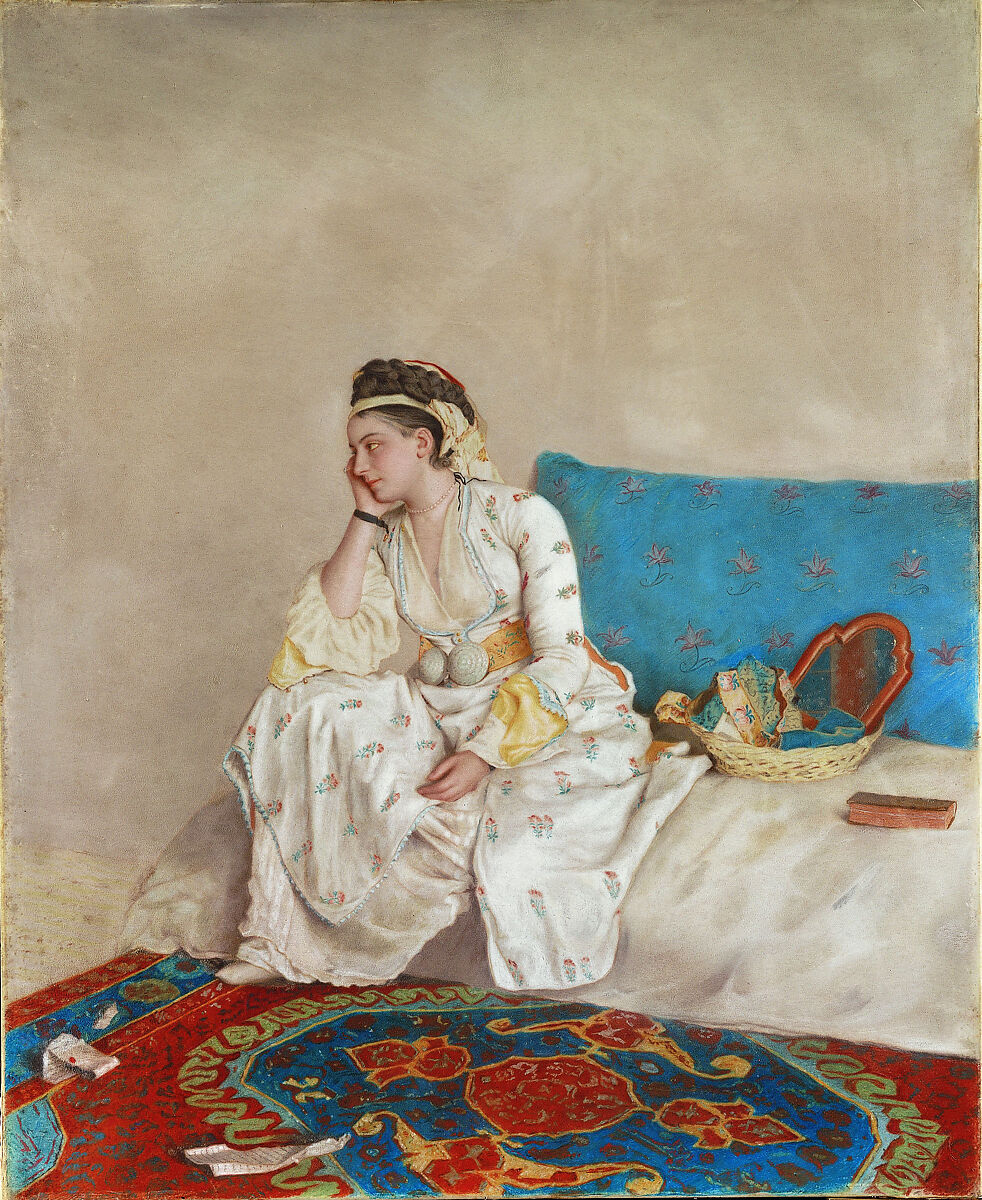 Woman in Turkish Dress, Seated on a Sofa, Jean Etienne Liotard (Swiss, Geneva 1702–1789 Geneva), Pastel over red chalk underdrawing on parchment 