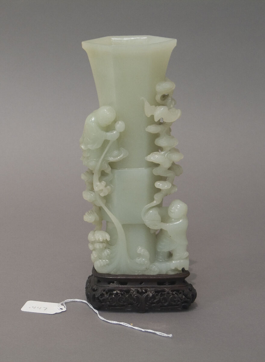Hexagonal vase with immortals, Nephrite, white with light greenish tint, China 