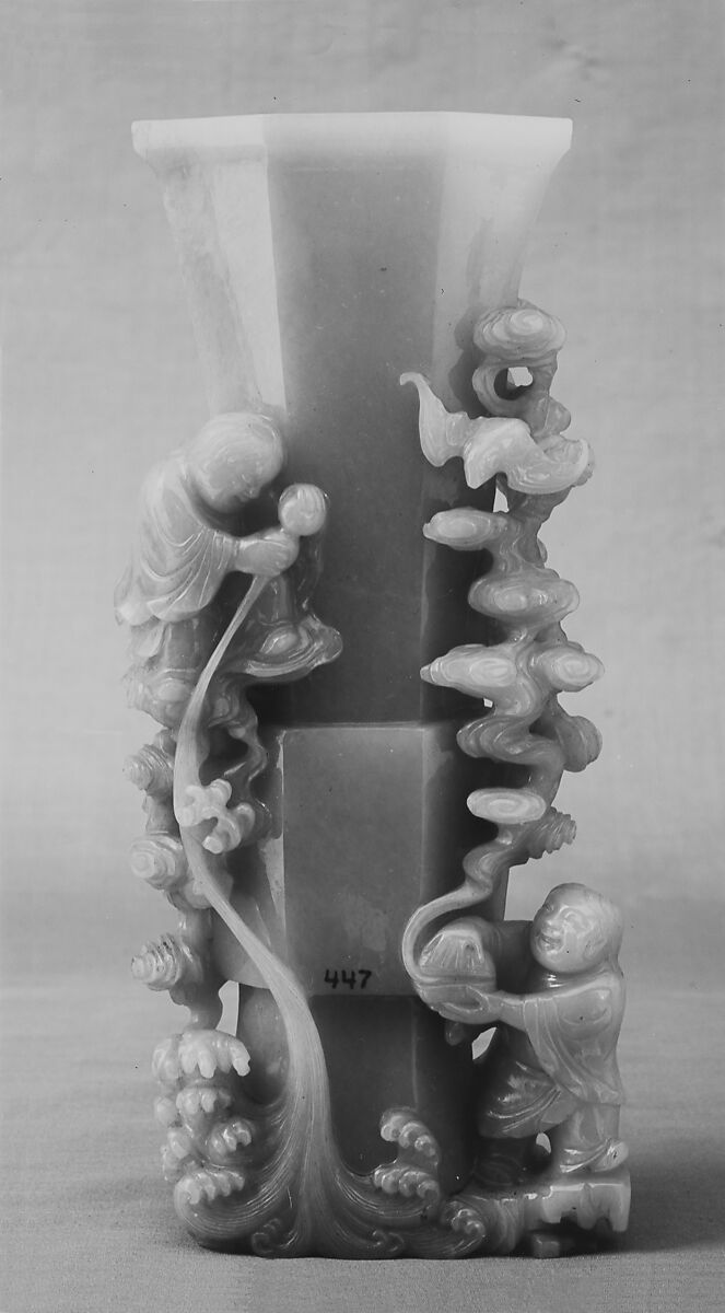 Hexagonal vase with immortals, Nephrite, white with light greenish tint, China
