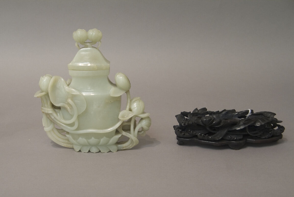 Vase with cover, Nephrite, white with light greenish tint and mottlings of white and light brown, China