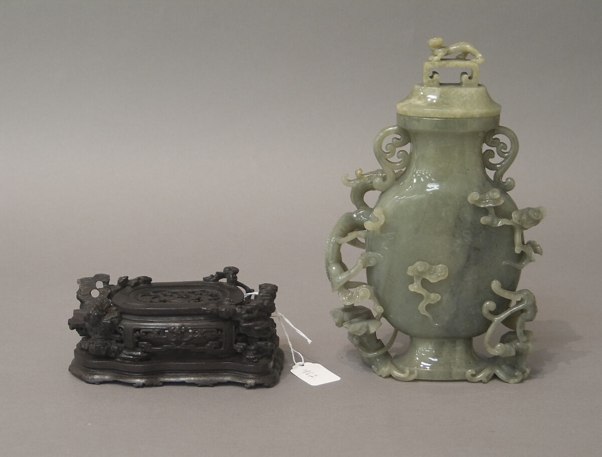 Vase with cover, Nephrite, yellowish-gray with longitudinal cloudings of dark gray, China