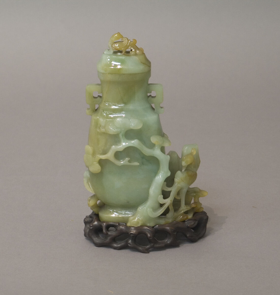 Vase with cover, Jadeite, grayish green with emerald and olive green, China 