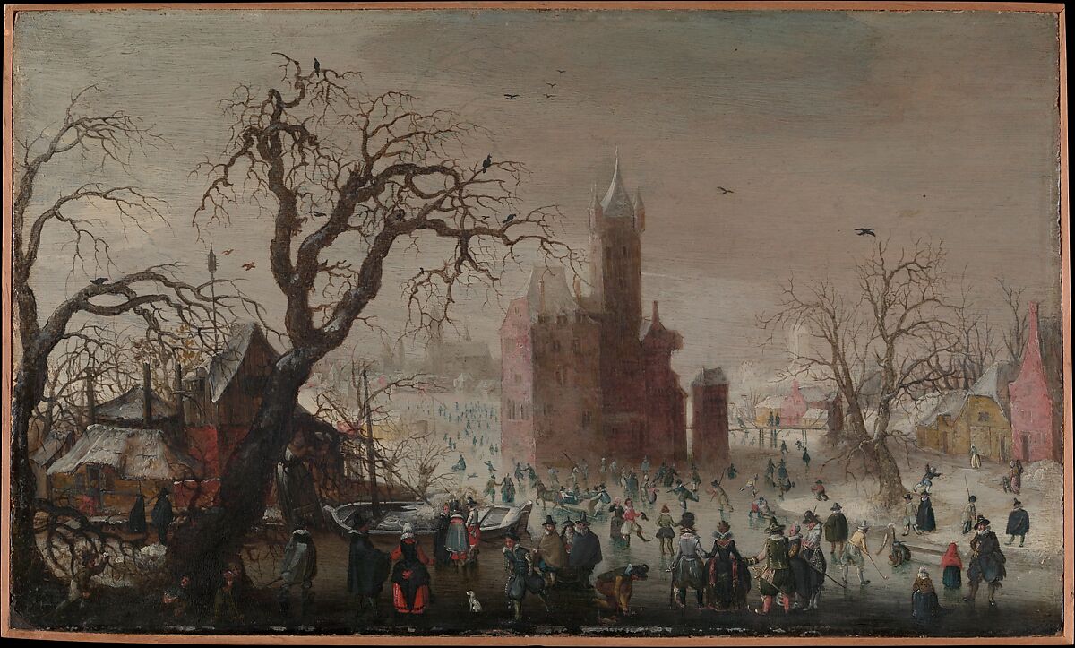 A Winter Landscape with Ice Skaters and an Imaginary Castle, Christoffel van den Berghe  Dutch, Oil on wood