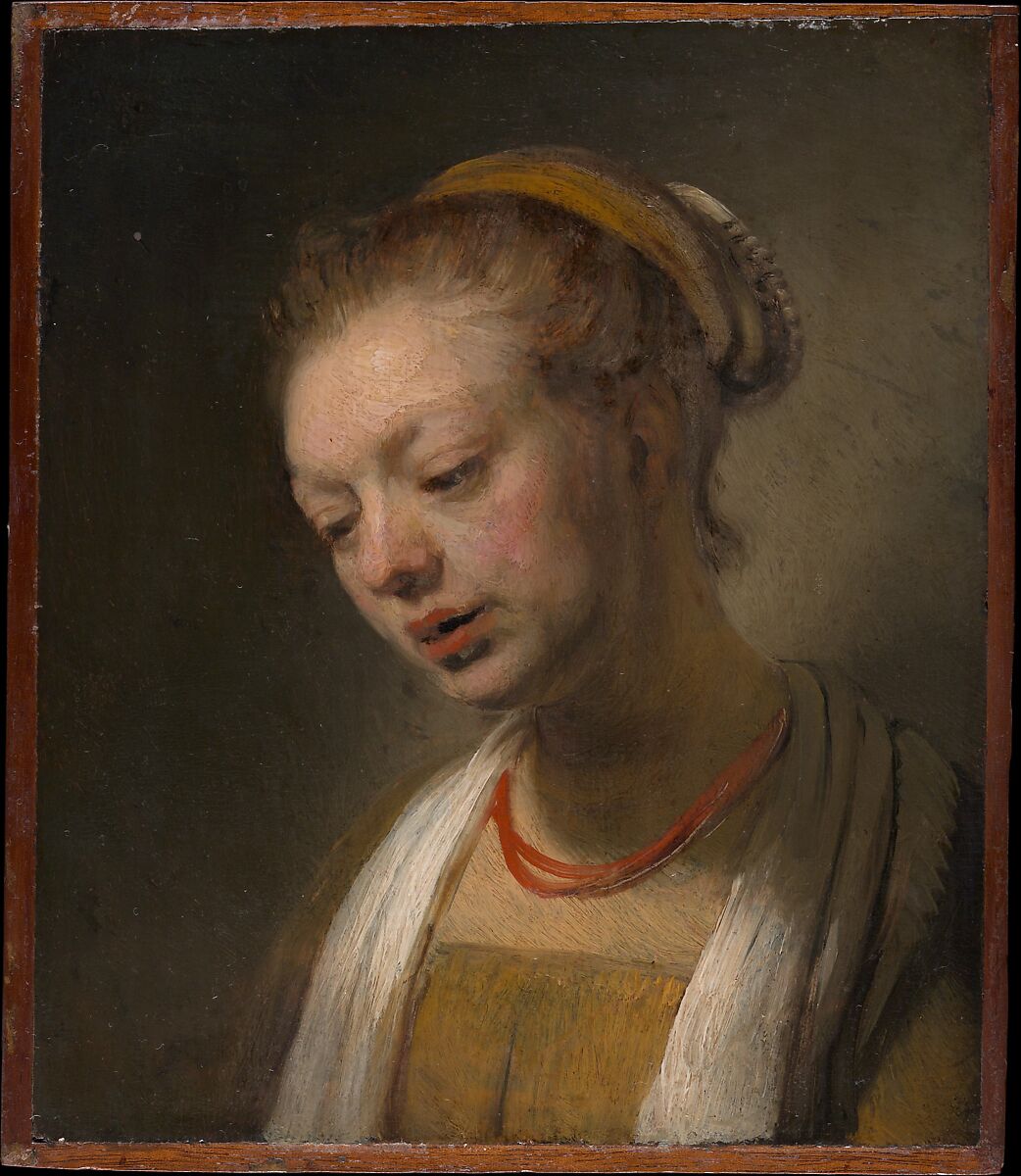 Young Woman with a Red Necklace, Style of Rembrandt (Dutch, ca. 1645), Oil on wood 
