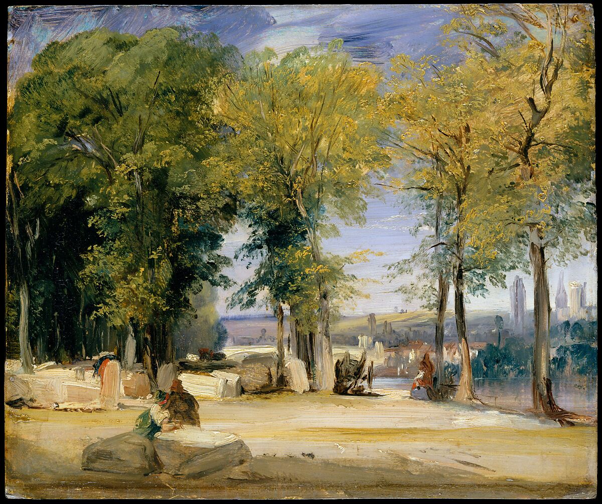 View near Rouen, Richard Parkes Bonington (British, Arnold, Nottinghamshire 1802–1828 London), Oil on millboard 