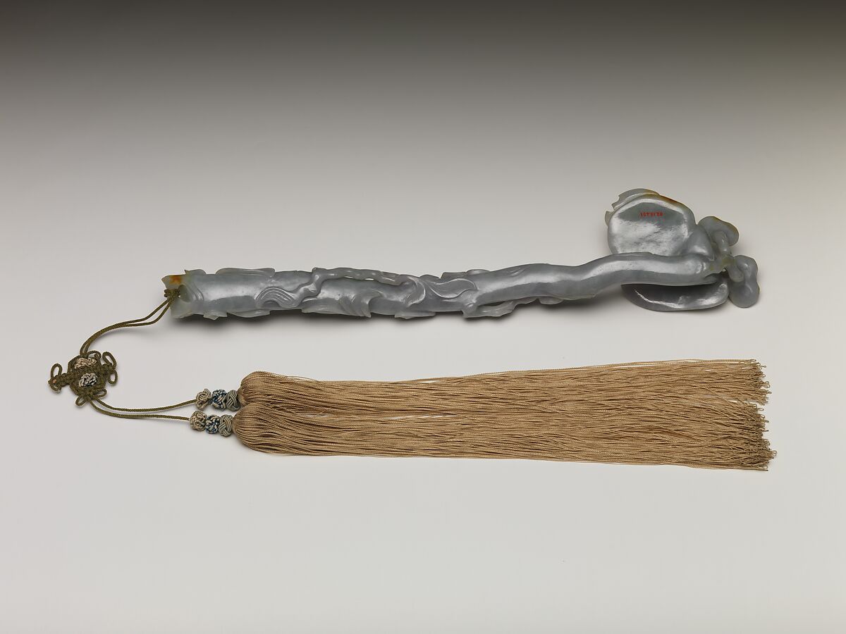 Decorative Accessory (Ruyi) with Longevity Fungus, Peaches, and Narcissus, Jade (jadeite), China