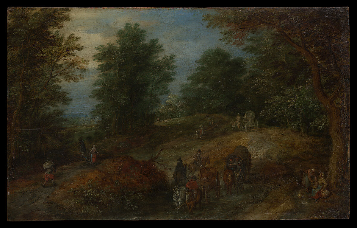Landscape with Travelers on a Woodland Path, Jan Brueghel the Elder (Netherlandish, Brussels 1568–1625 Antwerp), Oil on copper 