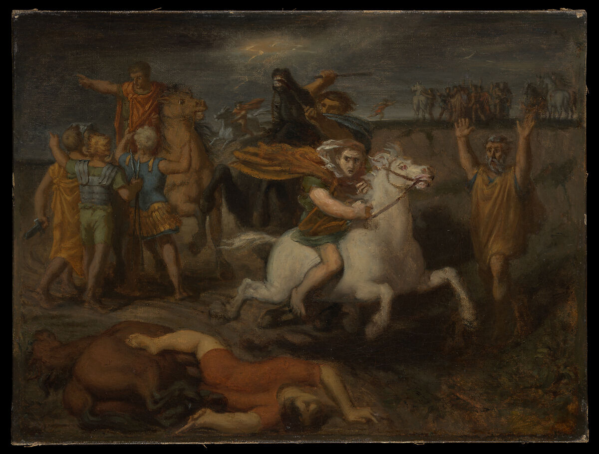 Scene from the Gallic Wars: The Gaul Littavicus, Betraying the Roman Cause, Flees to Gergovie to Support Vercingétorix, Théodore Chassériau (French, Le Limon, Saint-Domingue, West Indies 1819–1856 Paris), Oil on canvas 