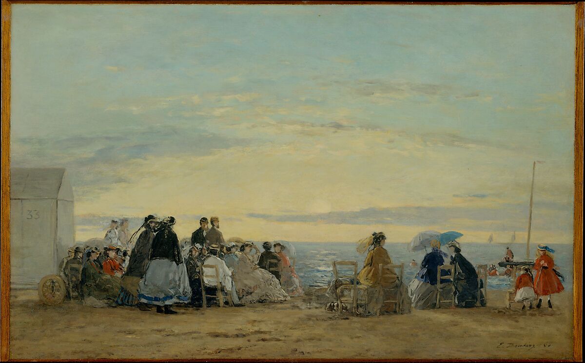 On the Beach, Sunset, Eugène Boudin (French, Honfleur 1824–1898 Deauville), Oil on wood 