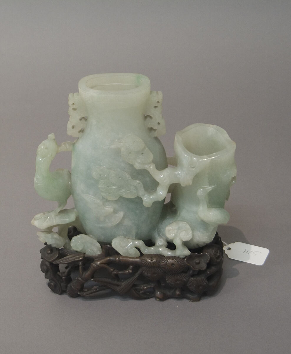 Vase, Jadeite, translucent aquamarine clouded and flecked with snow, China