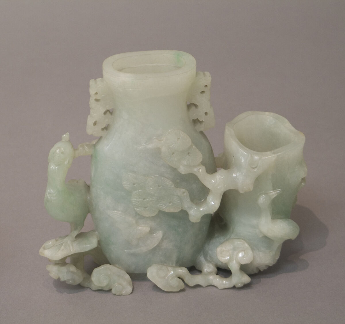 Vase, Jadeite, translucent aquamarine clouded and flecked with snow, China 