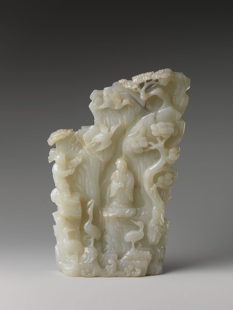 Mountain scene in the form of pine, cranes, and immortals, Jade (nephrite), China