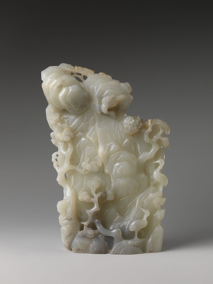 Mountain scene in the form of pine, cranes, and immortals, Jade (nephrite), China