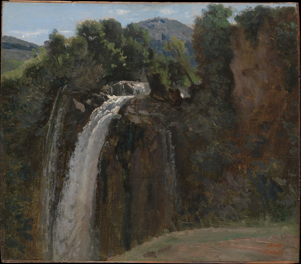 Waterfall at Terni, Camille Corot (French, Paris 1796–1875 Paris), Oil on paper, laid down on wood 