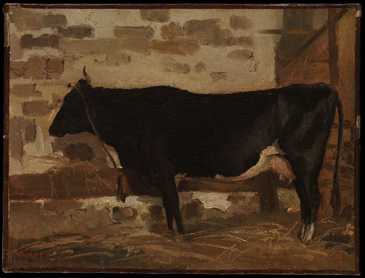 Cow in a Barn, Camille Corot (French, Paris 1796–1875 Paris), Oil on paper, laid down on canvas 