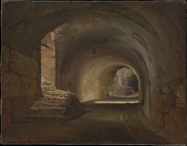 Interior Passage in the Colosseum, François Diday (Swiss, Geneva 1802–1877 Geneva), Oil on paper, laid down on canvas 