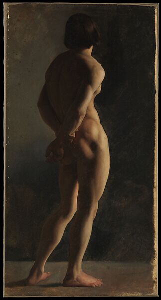 Male Nude, Seen from Behind, Hippolyte Flandrin (French, Lyons 1809–1864 Rome), Oil on paper, laid down on canvas 