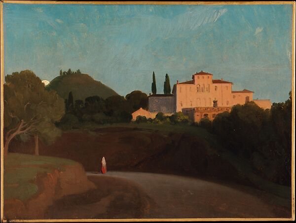 View of the Villa Torlonia, Frascati, at Dusk, Paul Flandrin (French, Lyons 1811–1902 Paris), Oil on paper, laid down on paper 
