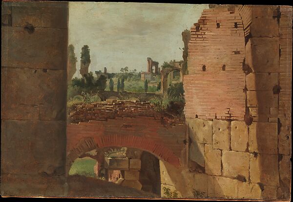 View from the Colosseum toward the Palatine, ? German Painter (early 19th century), Oil on paper, laid down on cardboard 