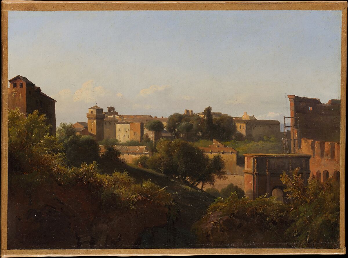 View of the Colosseum and the Arch of Constantine from the Palatine, Charles Rémond (French, Paris 1795–1875 Paris), Oil on paper, laid down on canvas 
