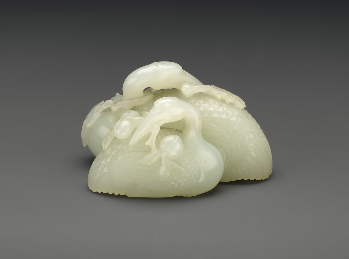 Two cranes holding peaches

, Jade (nephrite), China