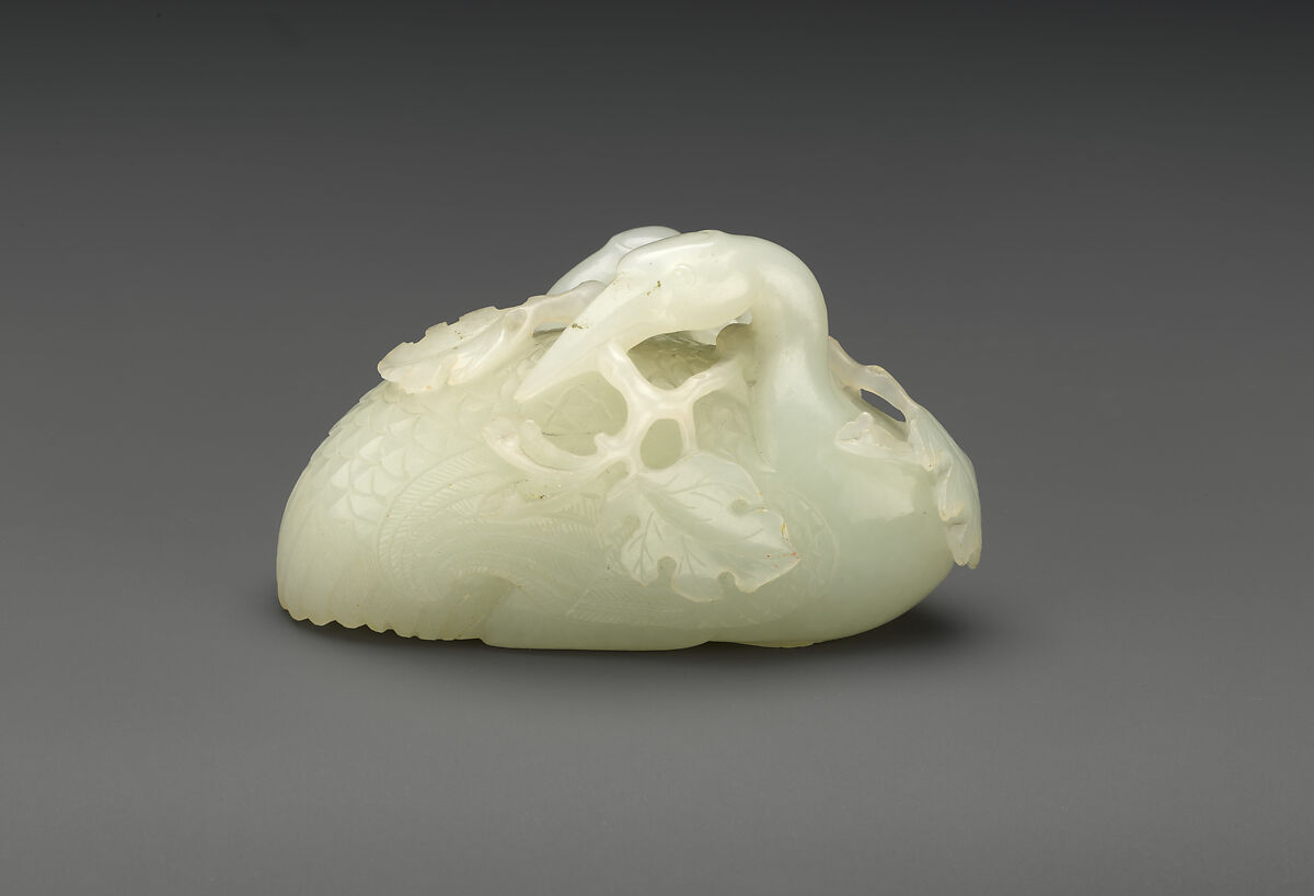 Two cranes holding peaches, Jade (nephrite), China