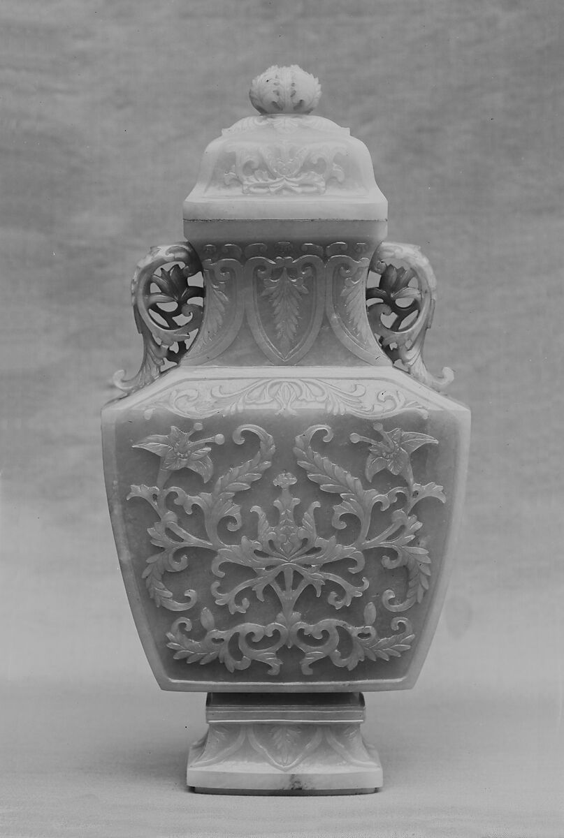 Vase with cover, Nephrite, white with light greenish tint, China 