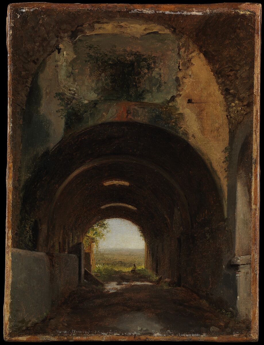 View in the Stables of the Villa of Maecenas, Tivoli, François Marius Granet (French, Aix-en-Provence 1775–1849 Aix-en-Provence), Oil on paper, laid down on canvas 