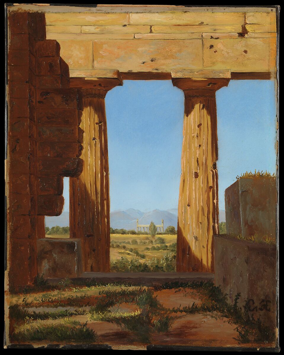 Columns of the Temple of Neptune at Paestum, Constantin Hansen (Danish, Rome 1804–1880 Frederiksberg), Oil on canvas 