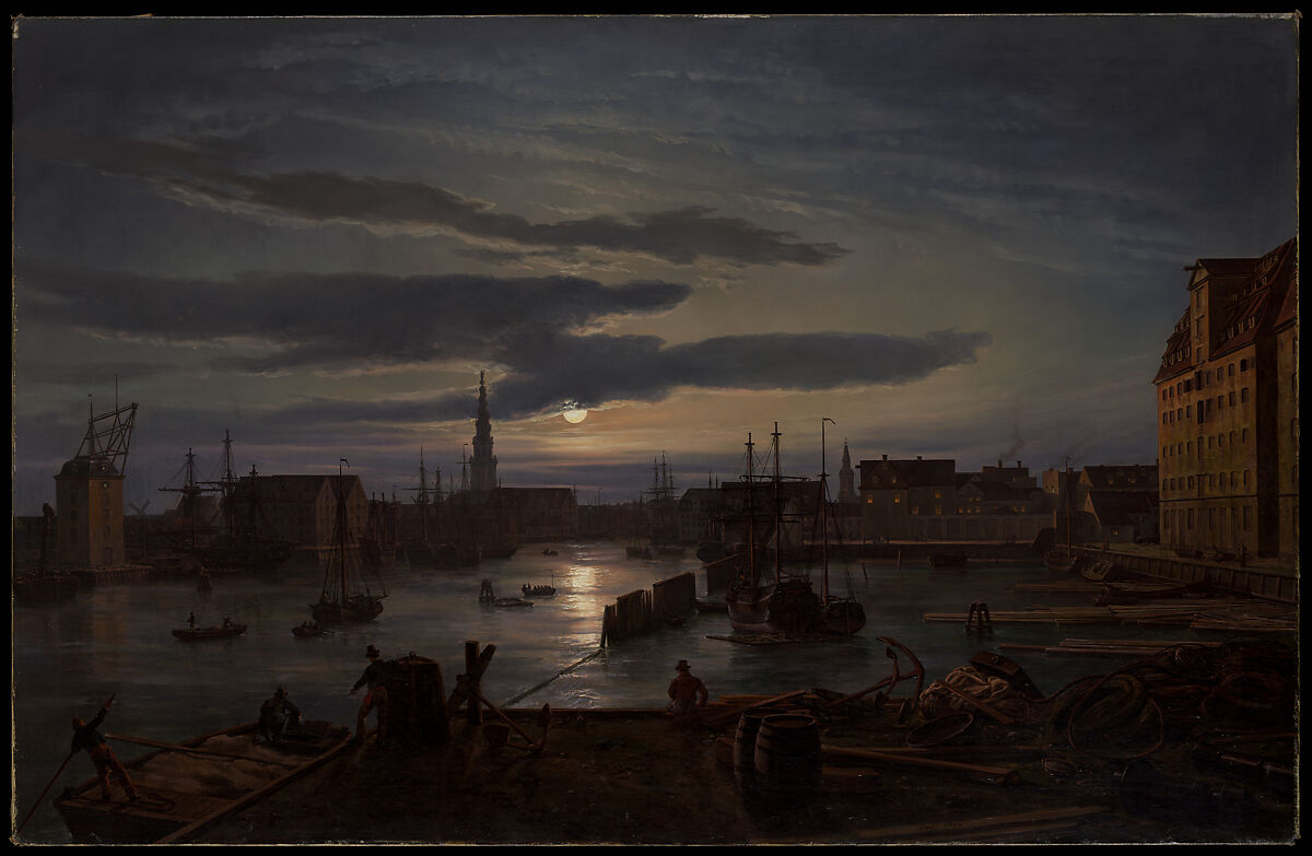 Copenhagen Harbor by Moonlight, Johan Christian Dahl  Norwegian, Oil on canvas