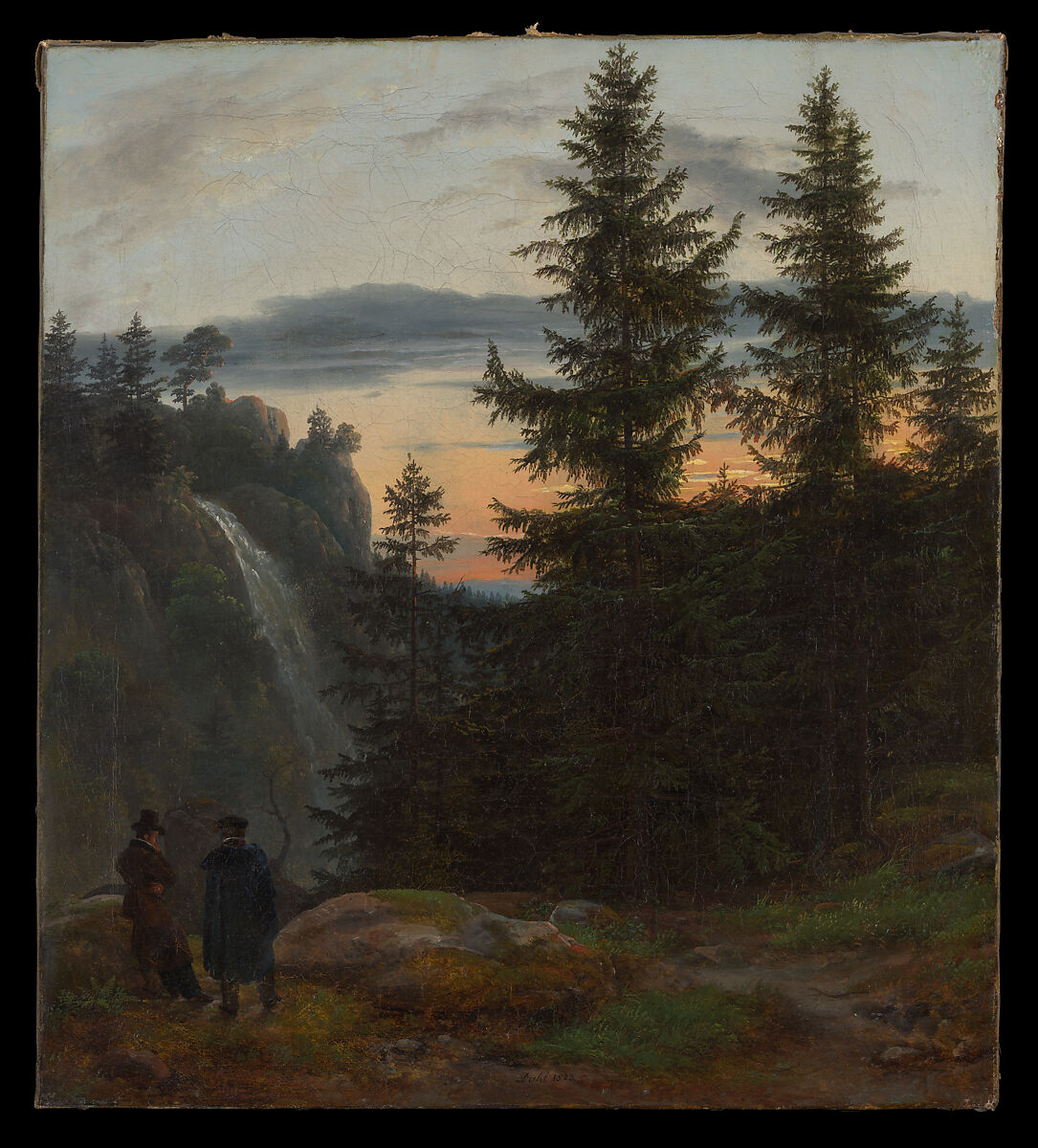 Two Men before a Waterfall at Sunset, Johan Christian Dahl (Norwegian, Bergen 1788–1857 Dresden), Oil on canvas 