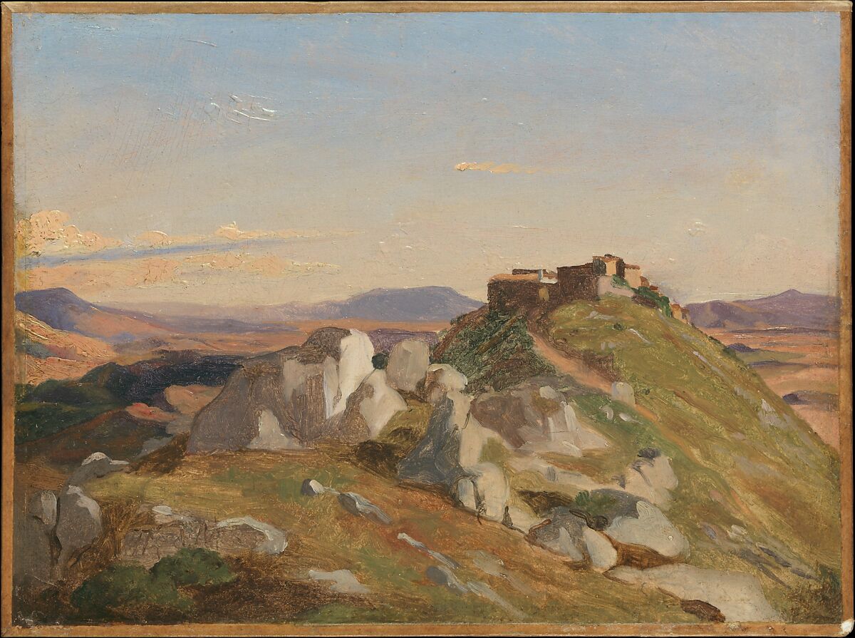 Landscape at Olevano, Théodore Caruelle d&#39;Aligny (French, Chaumes, Nièvre 1798–1871 Lyon), Oil on paper, laid down on wood 