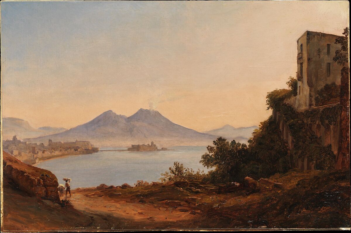 The Bay of Naples with Vesuvius and Castel dell'Ovo, Franz Ludwig Catel (German, Berlin 1778–1856 Rome), Oil on paper, laid down on cardboard 