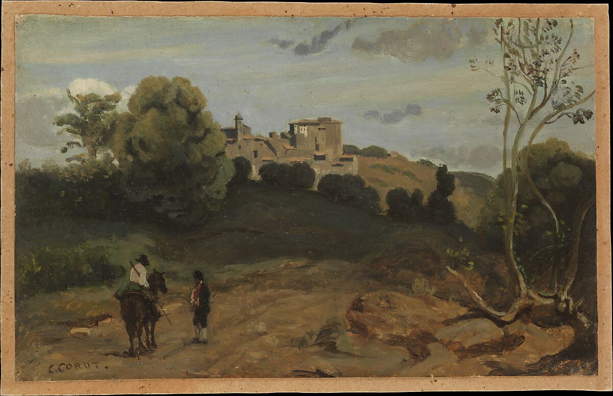 View of Genzano with a Rider and Peasant, Camille Corot (French, Paris 1796–1875 Paris), Oil on paper, laid down on cardboard 