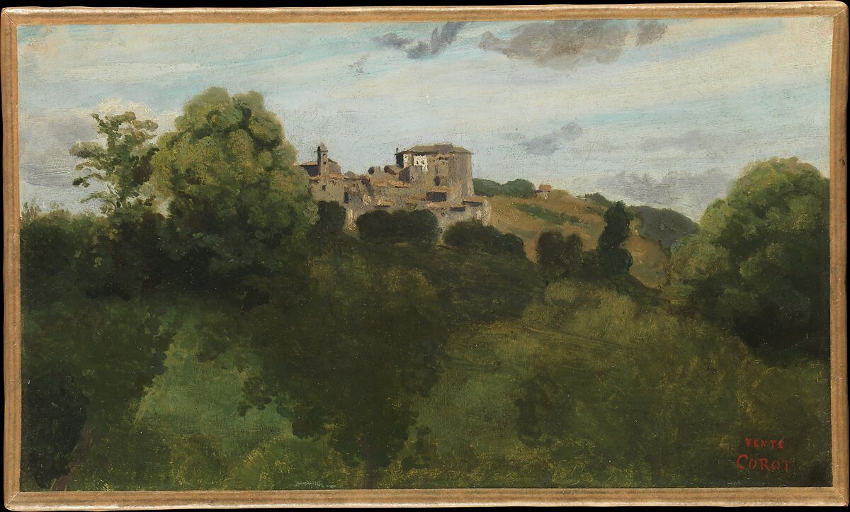 View of Genzano, Camille Corot (French, Paris 1796–1875 Paris), Oil on paper, laid down on canvas 