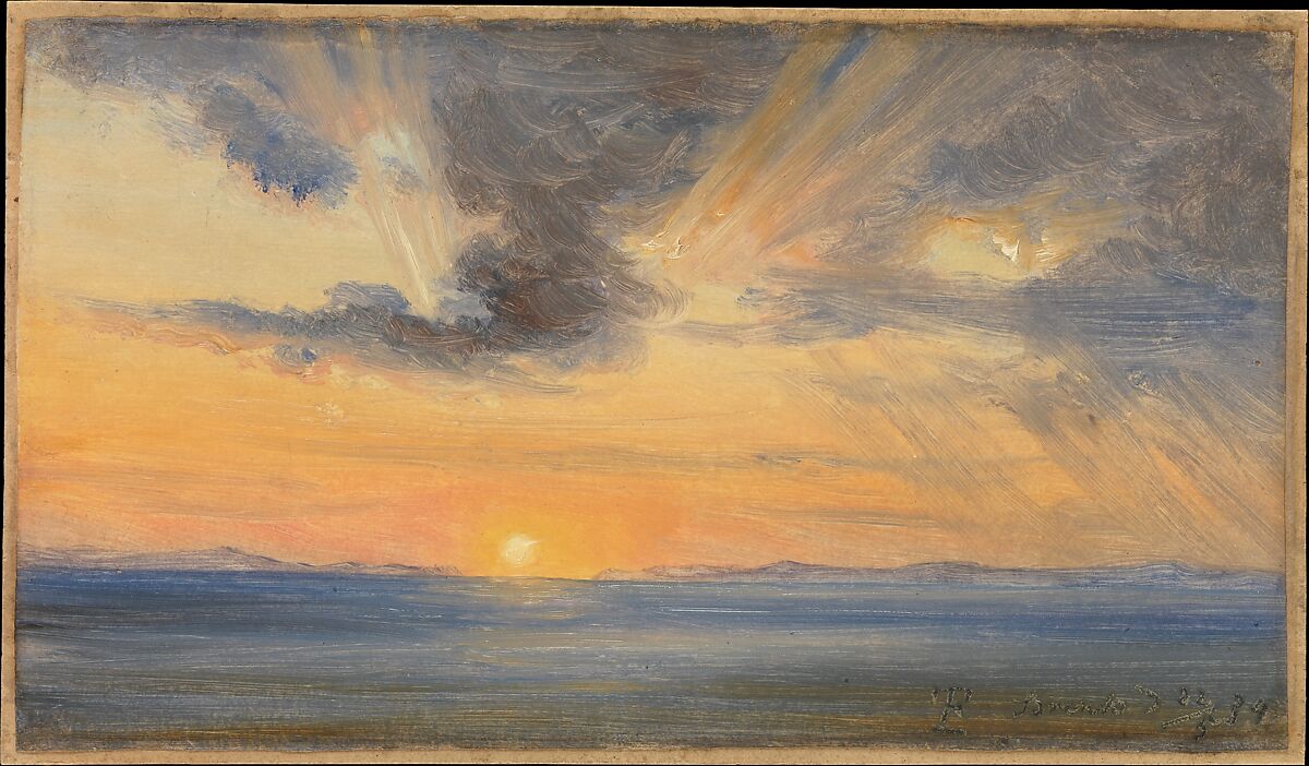 Sunset, Sorrento, Thomas Fearnley (Norwegian, Frederikshald 1802–1842 Munich), Oil on paper, laid down on card 
