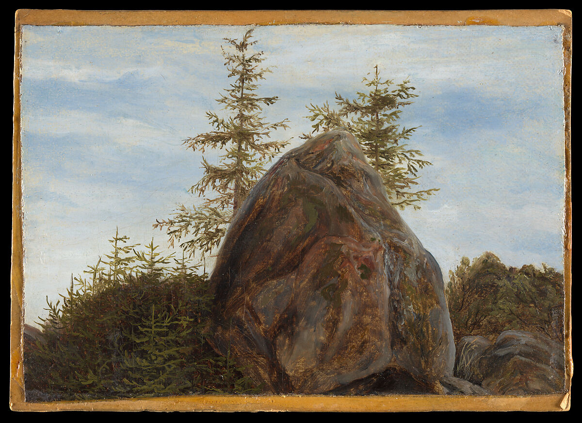 Monolith and Trees, Thomas Fearnley (Norwegian, Frederikshald 1802–1842 Munich), Oil on canvas, laid down on card 