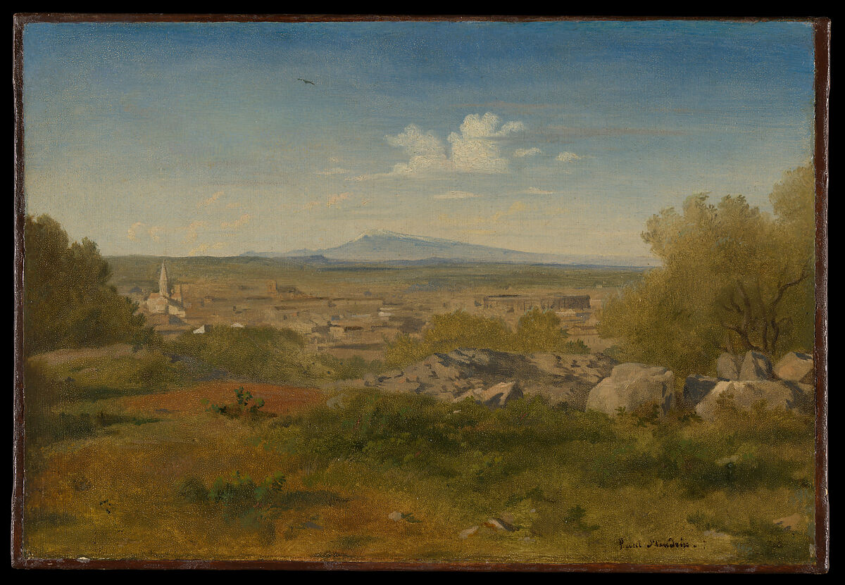 View of Orange with Mont Ventoux, Paul Flandrin (French, Lyons 1811–1902 Paris), Oil on paper, laid down on canvas 
