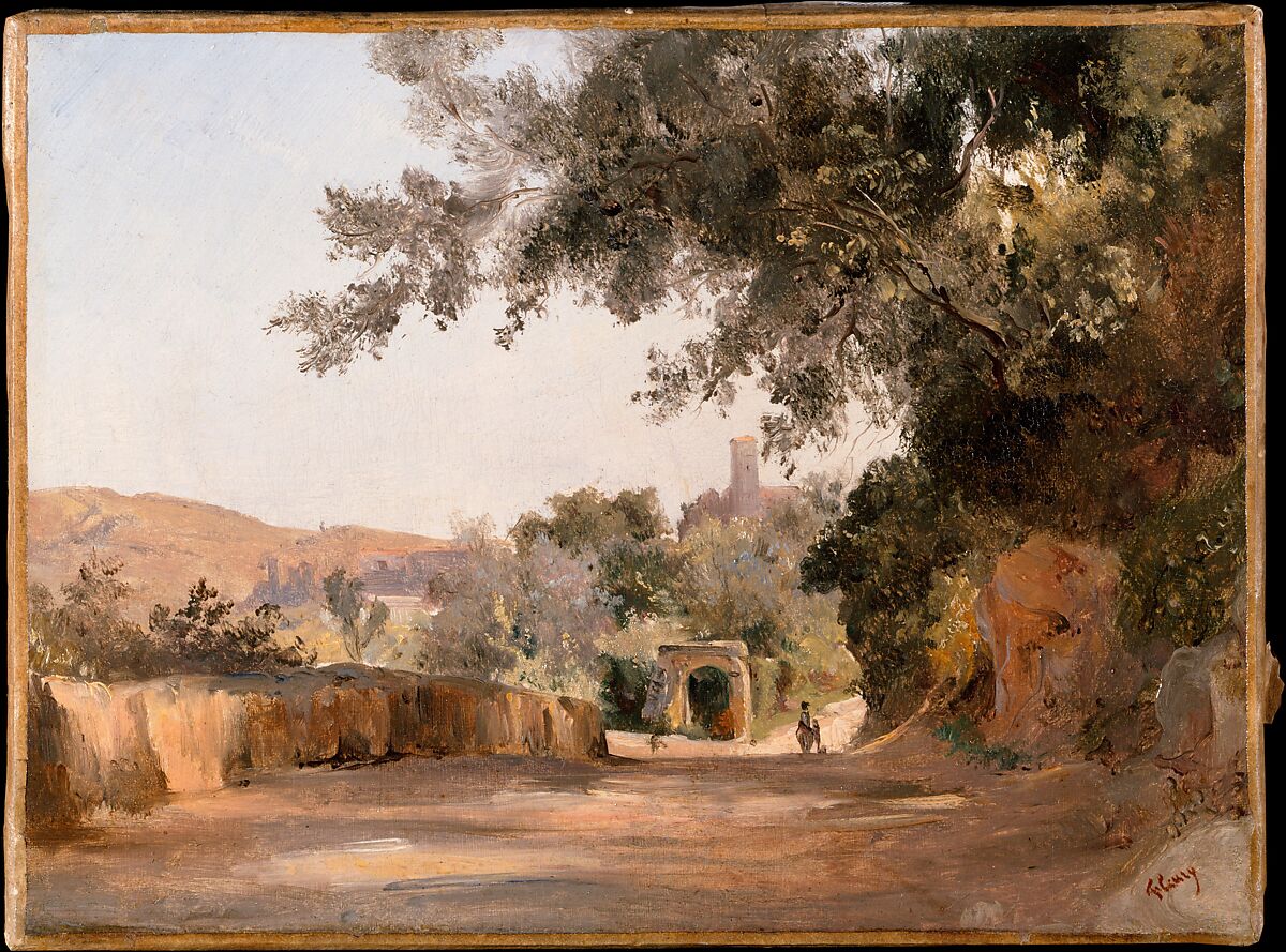 View of Tivoli from Santa Maria del Giglio, Léon Fleury (French, Paris 1804–1858 Paris), Oil on paper, laid down on canvas 